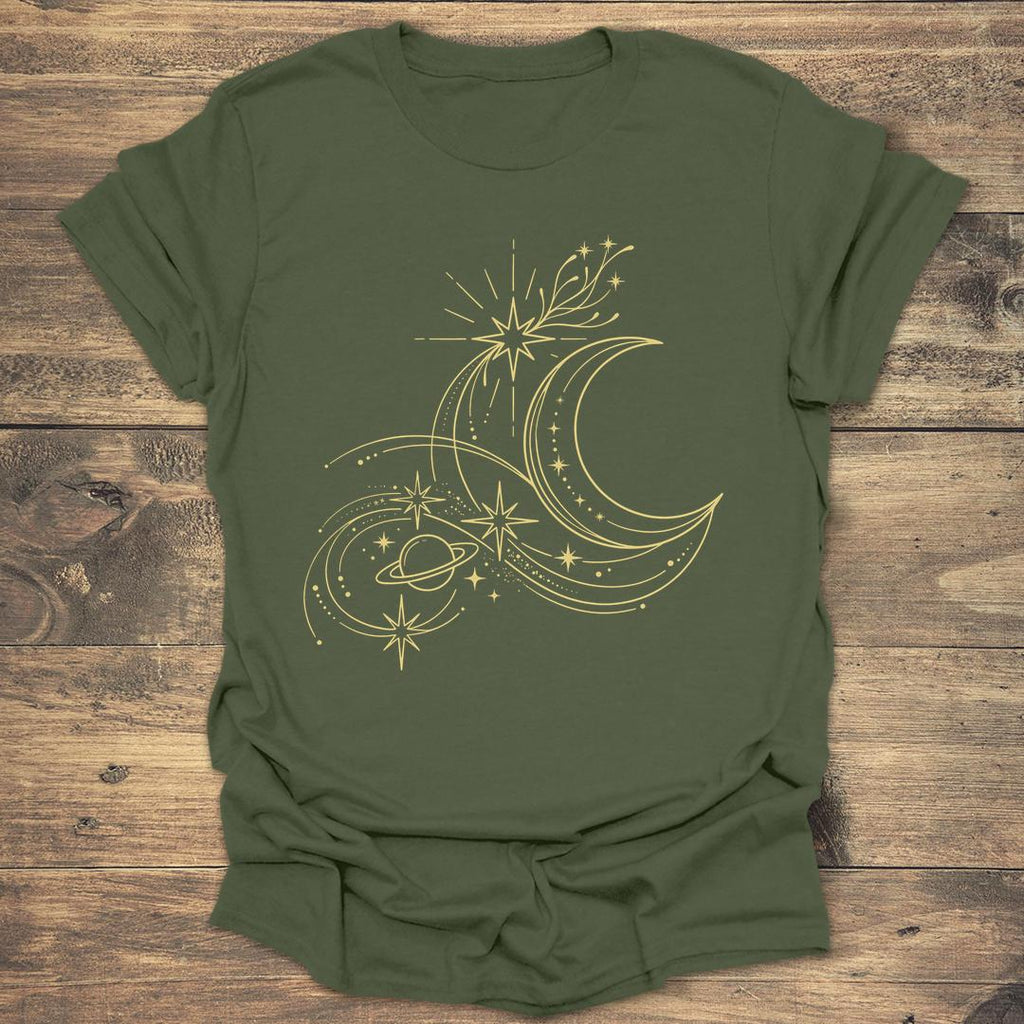 Golden Orbit Swirling Crescent Moon and Saturn T-shirt product image 3