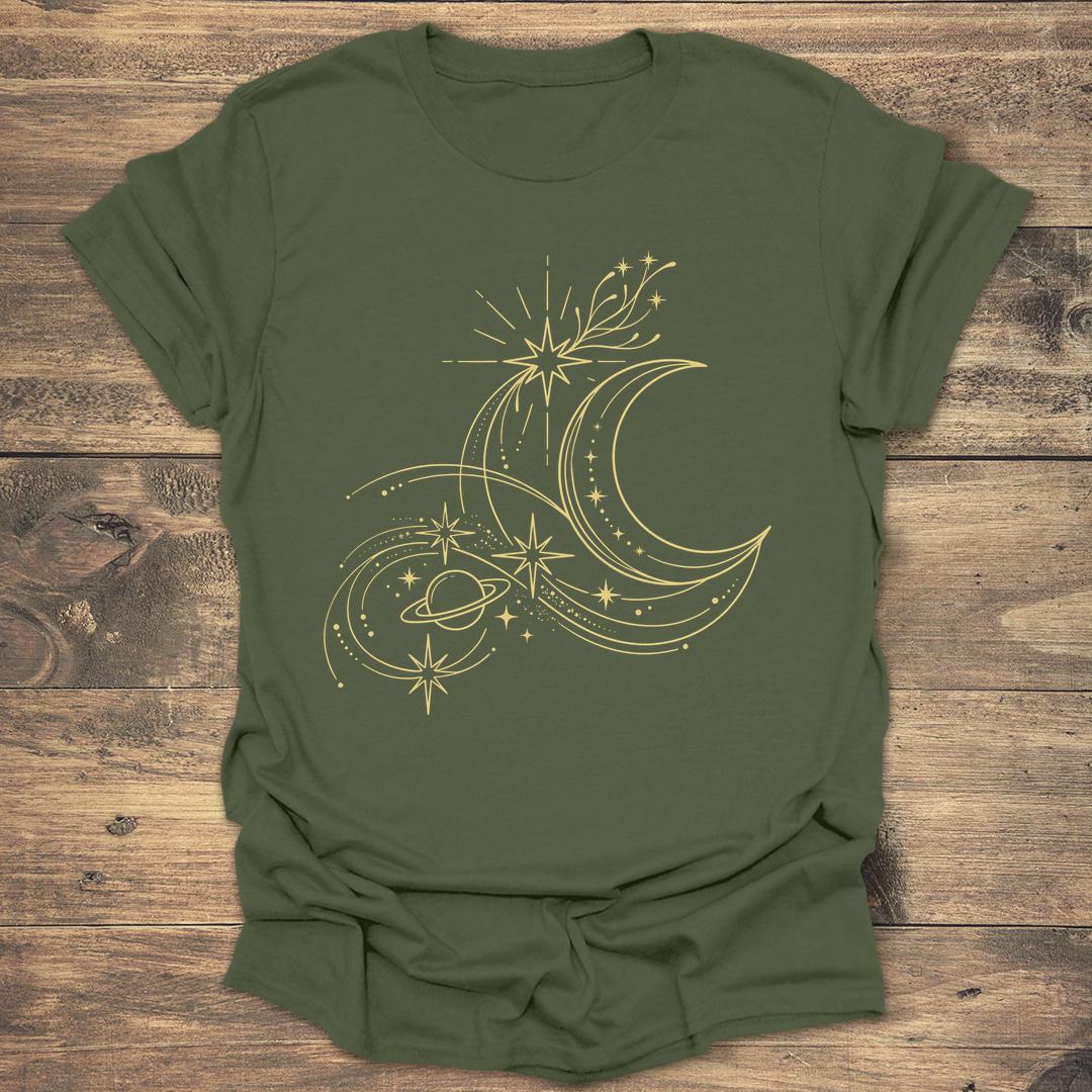 Golden Orbit Swirling Crescent Moon and Saturn T-shirt product image 3