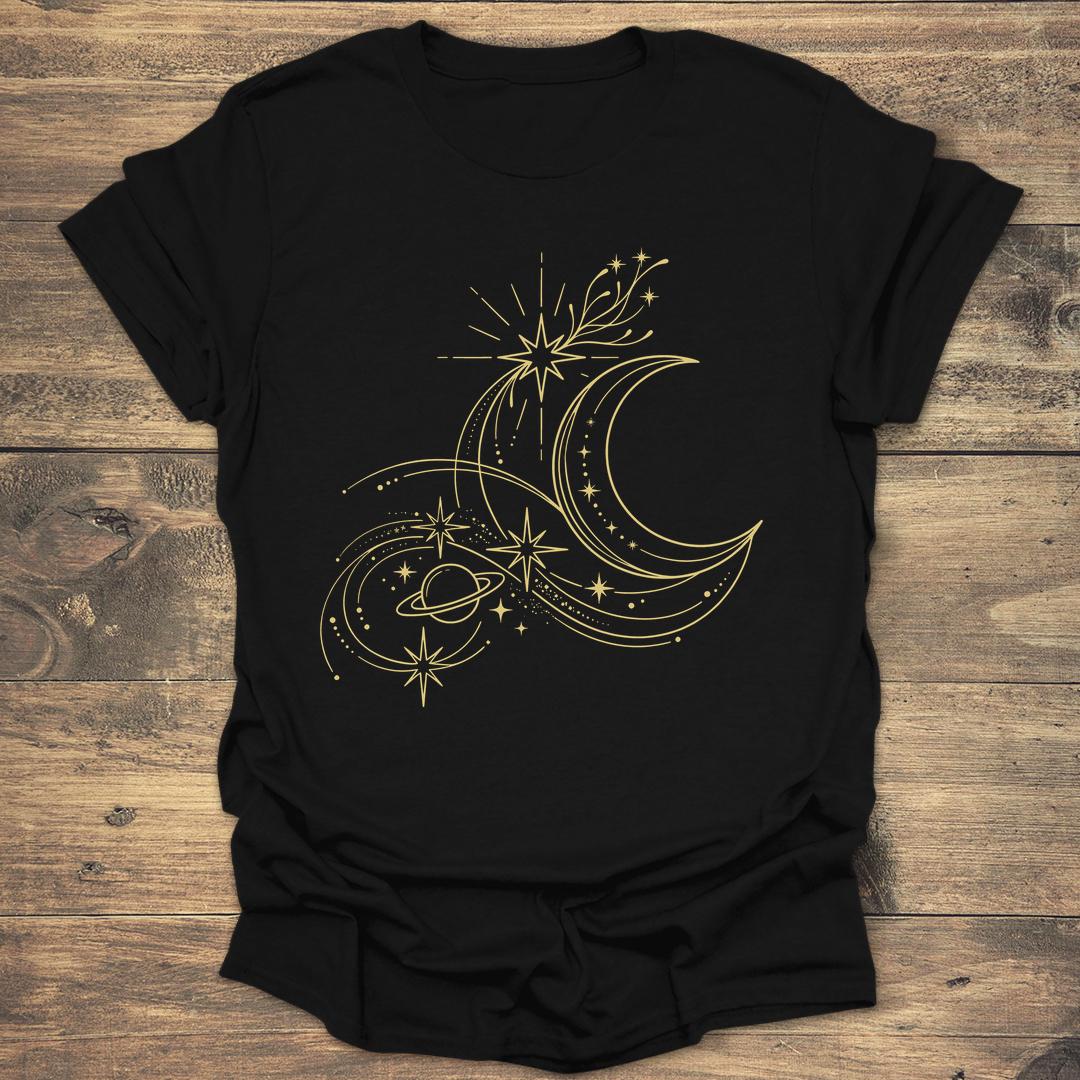 Golden Orbit Swirling Crescent Moon and Saturn T-shirt product image 1