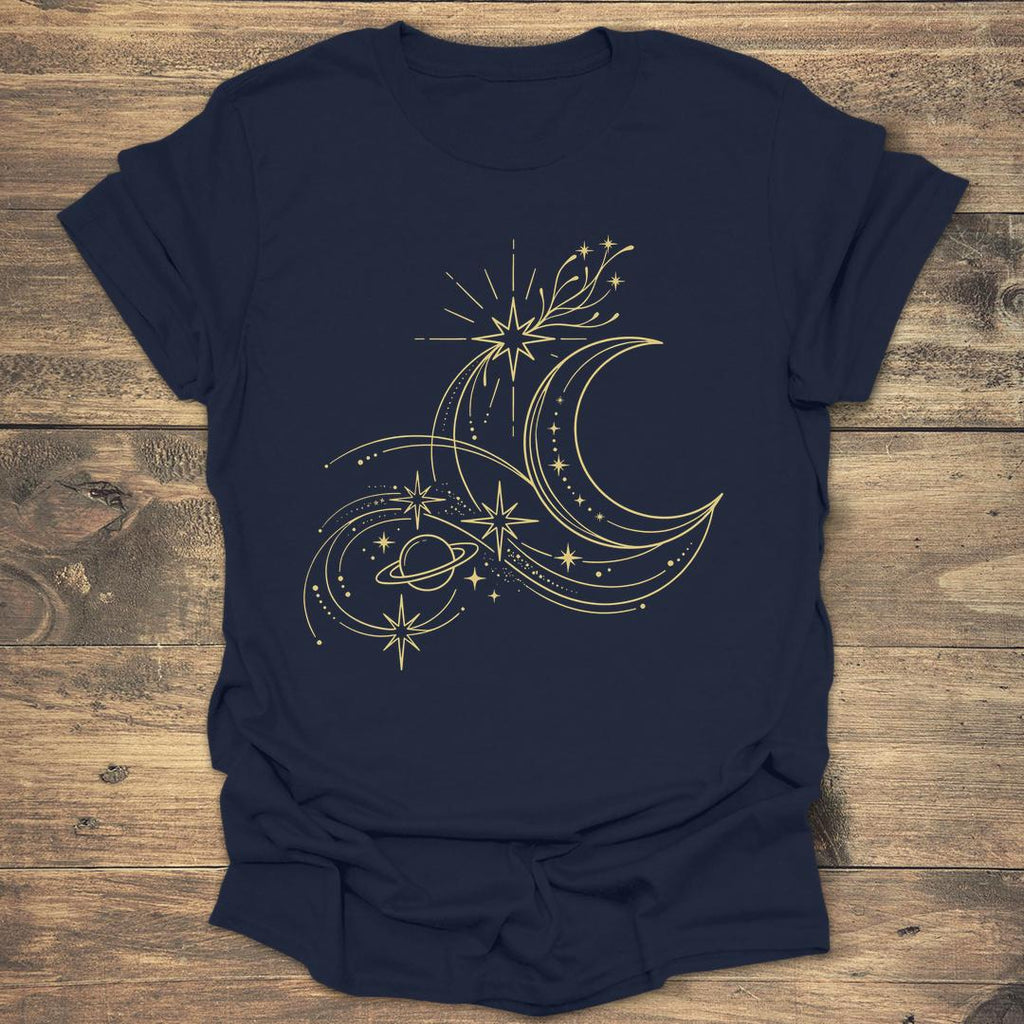 Golden Orbit Swirling Crescent Moon and Saturn T-shirt product image 4