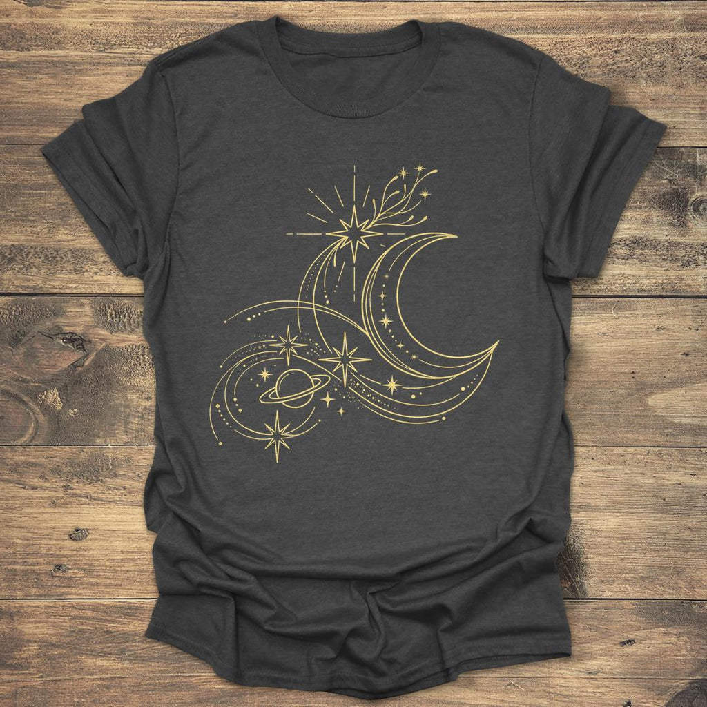 Golden Orbit Swirling Crescent Moon and Saturn T-shirt product image 2