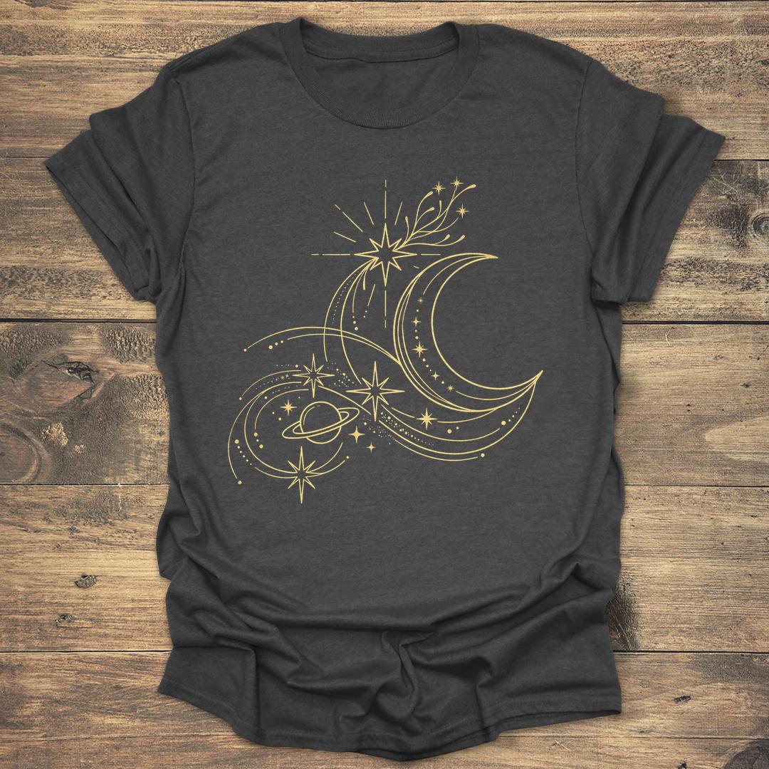Golden Orbit Swirling Crescent Moon and Saturn T-shirt product image 2