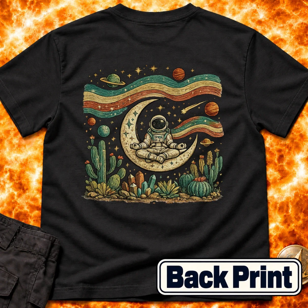 Astronaut Yoga Western Folk Art Back Print T-Shirt product image 2