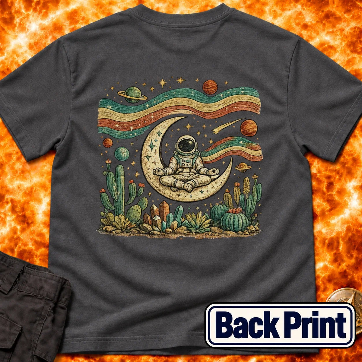 Astronaut Yoga Western Folk Art Back Print T-Shirt product image 4