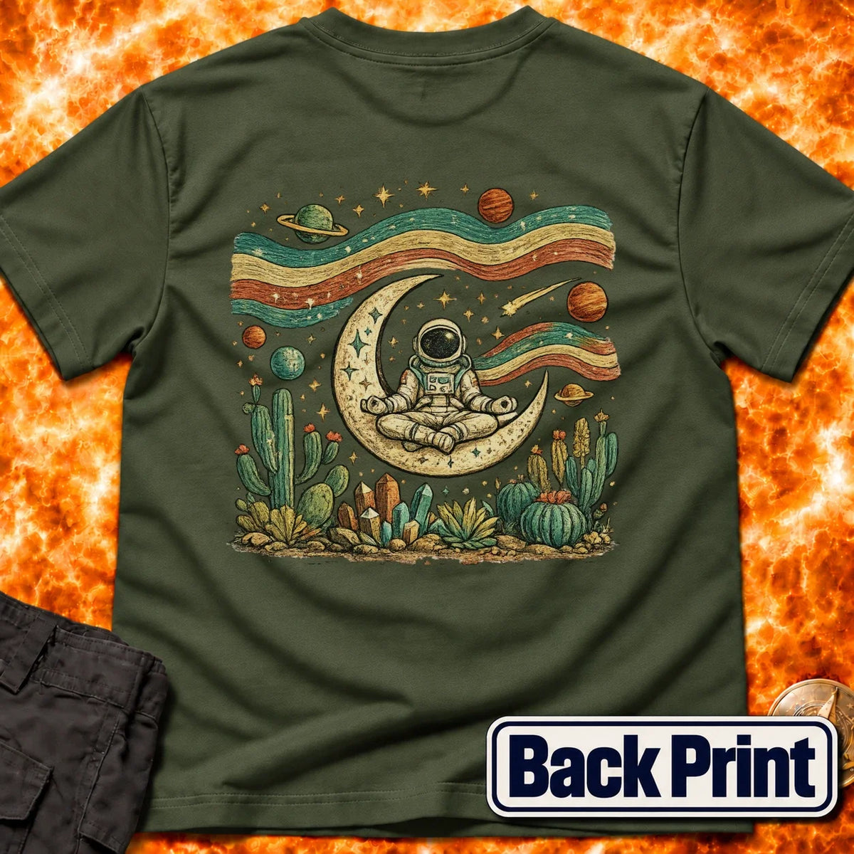 Astronaut Yoga Western Folk Art Back Print T-Shirt product image 3