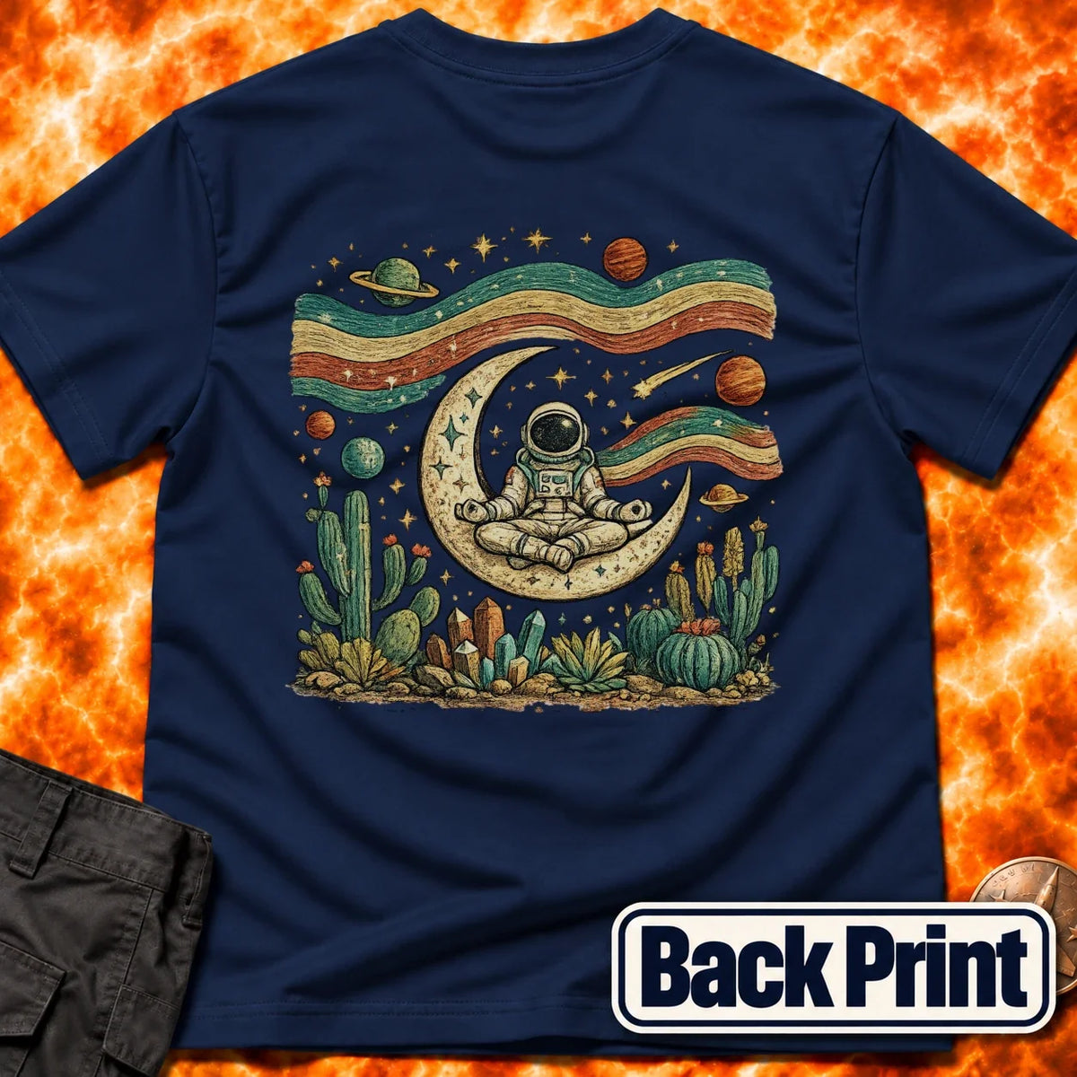 Astronaut Yoga Western Folk Art Back Print T-Shirt product image 5