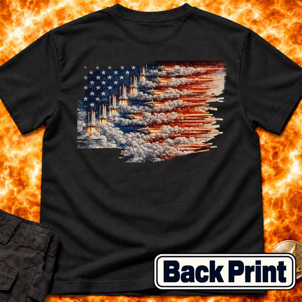 Distressed US Flag Rockets Back Print T-Shirt product image 6