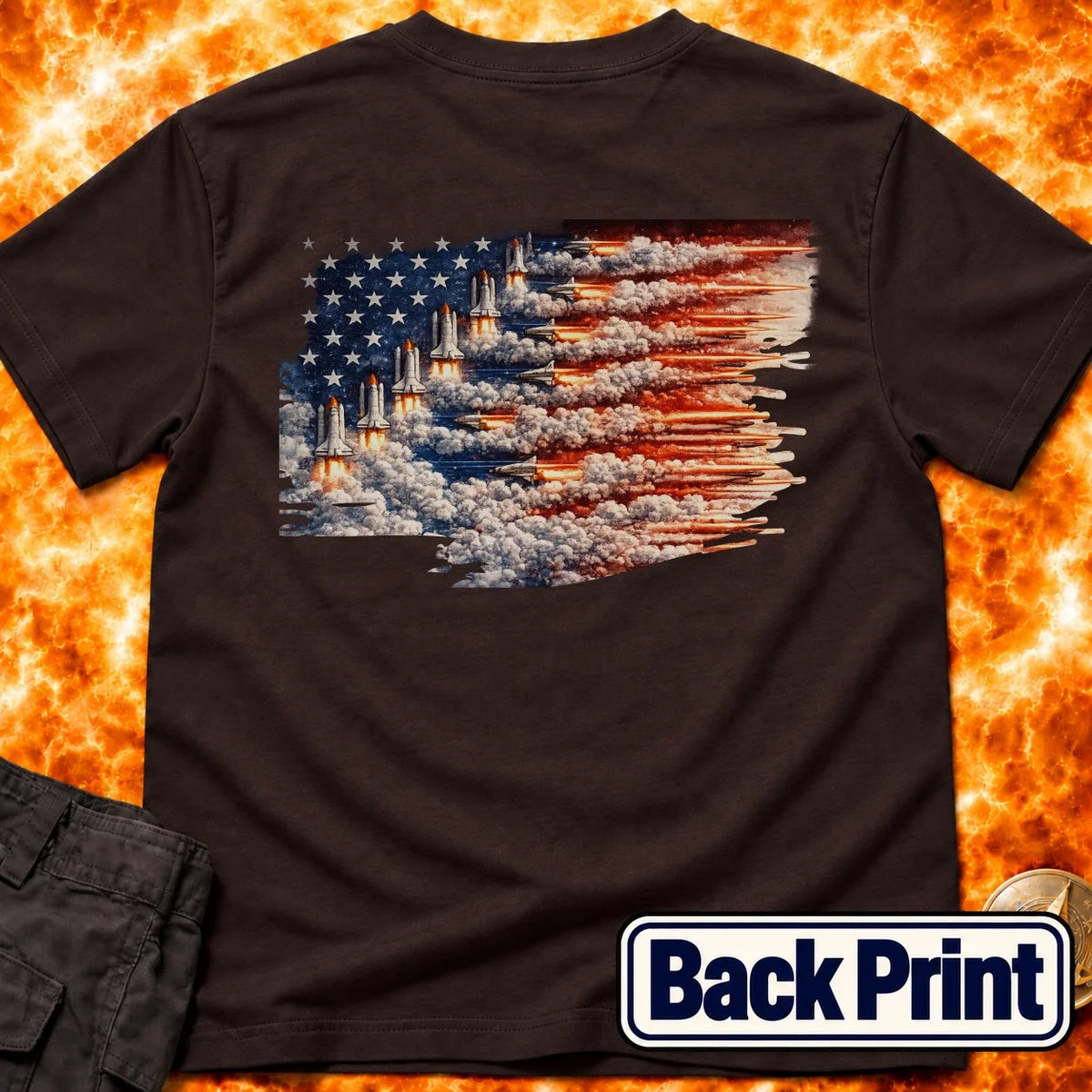 Distressed US Flag Rockets Back Print T-Shirt product image 2