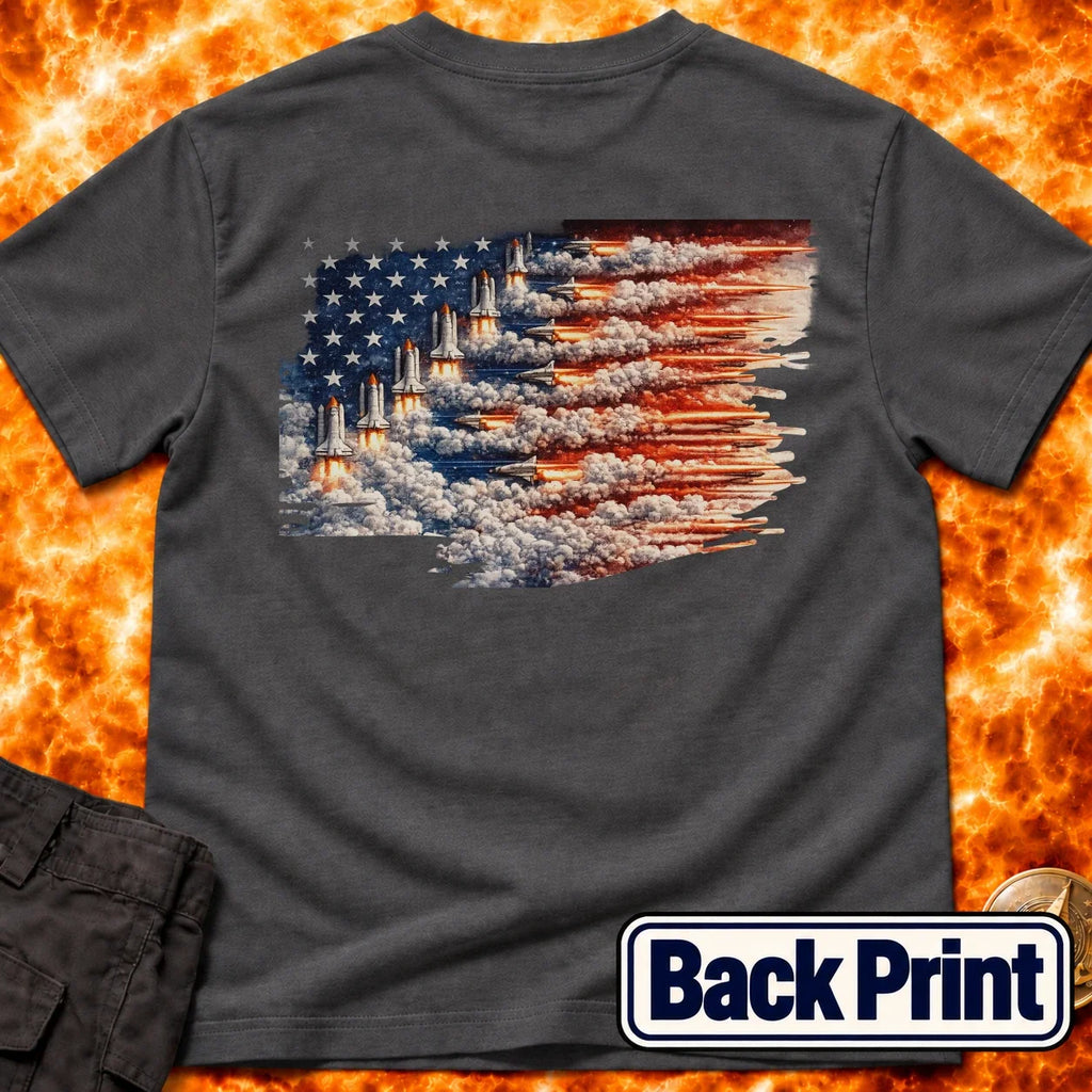 Distressed US Flag Rockets Back Print T-Shirt product image 7