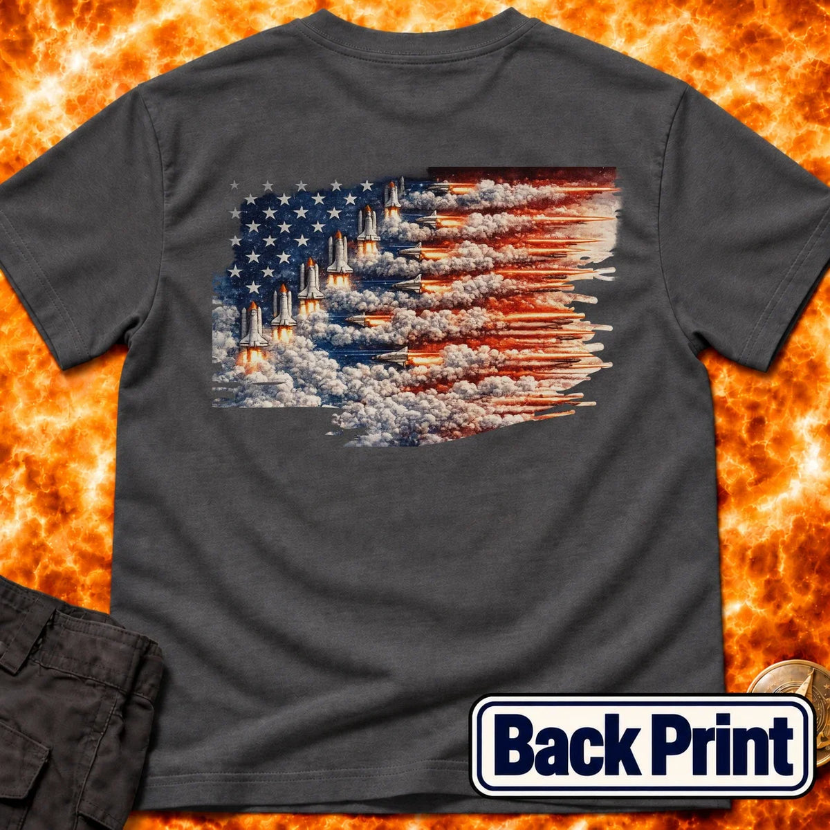 Distressed US Flag Rockets Back Print T-Shirt product image 7