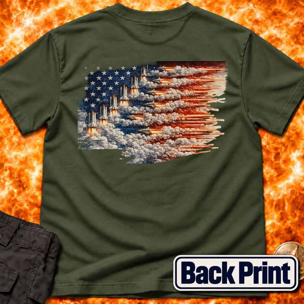 Distressed US Flag Rockets Back Print T-Shirt product image 1