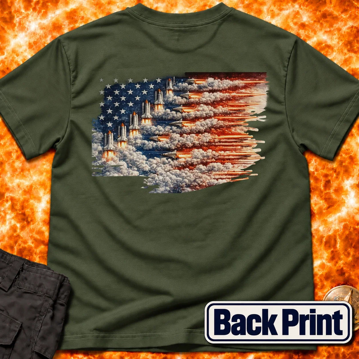 Distressed US Flag Rockets Back Print T-Shirt product image 1