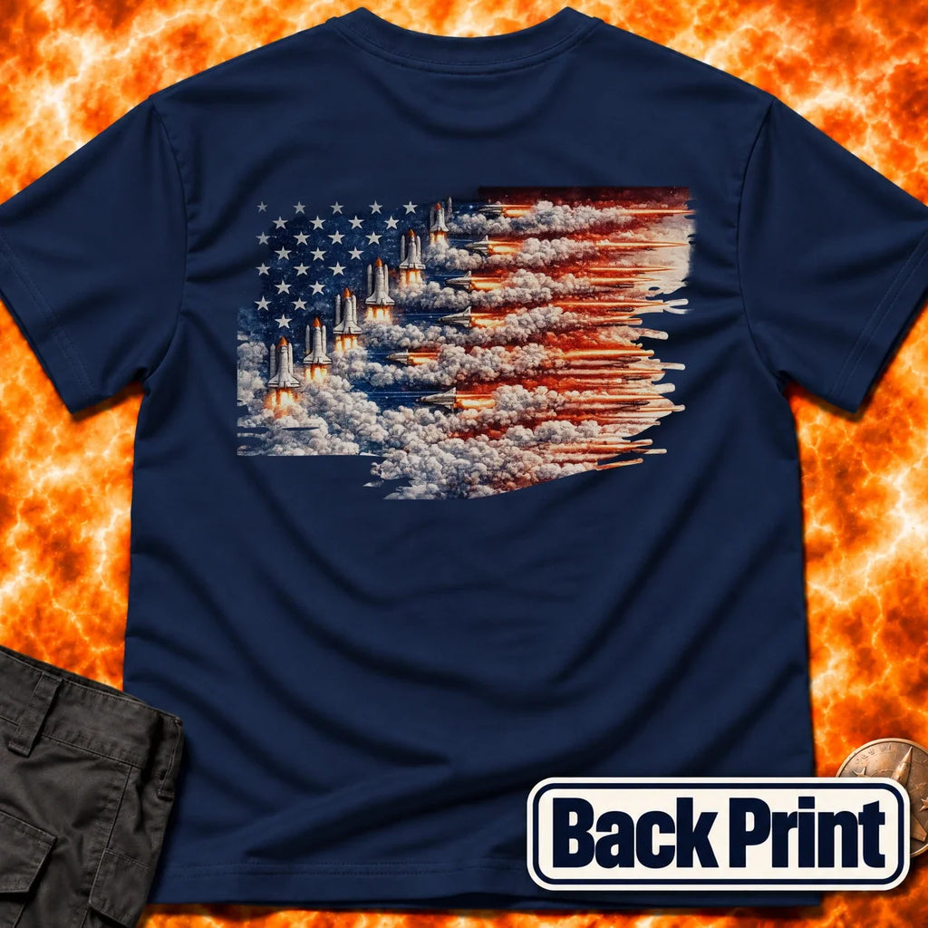 Distressed US Flag Rockets Back Print T-Shirt product image 3