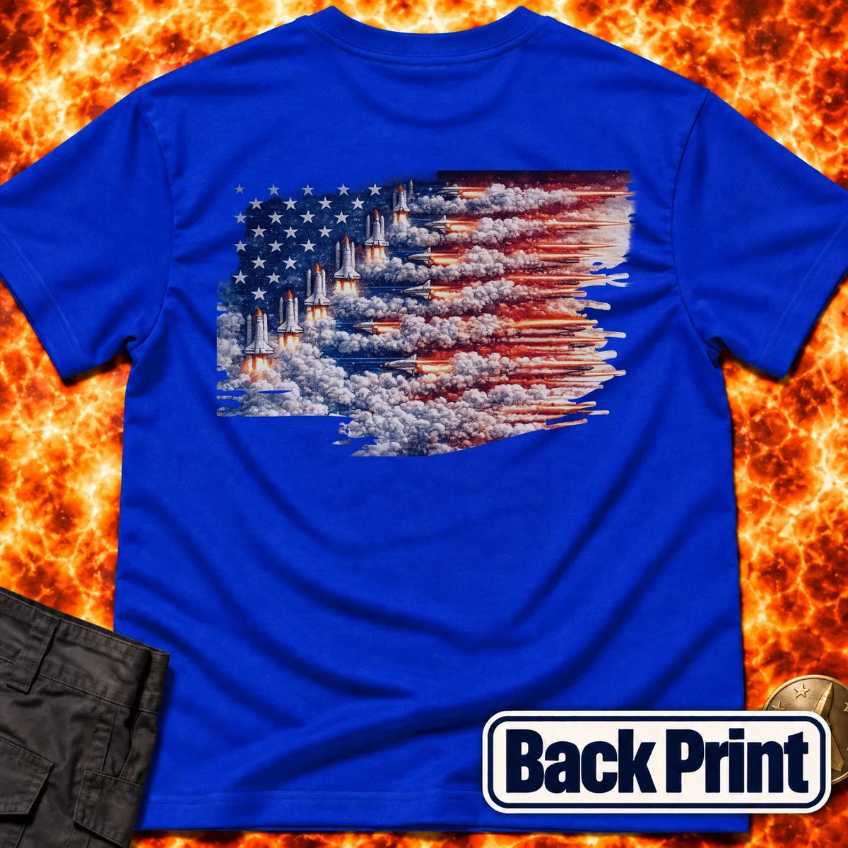 Distressed US Flag Rockets Back Print T-Shirt product image 4