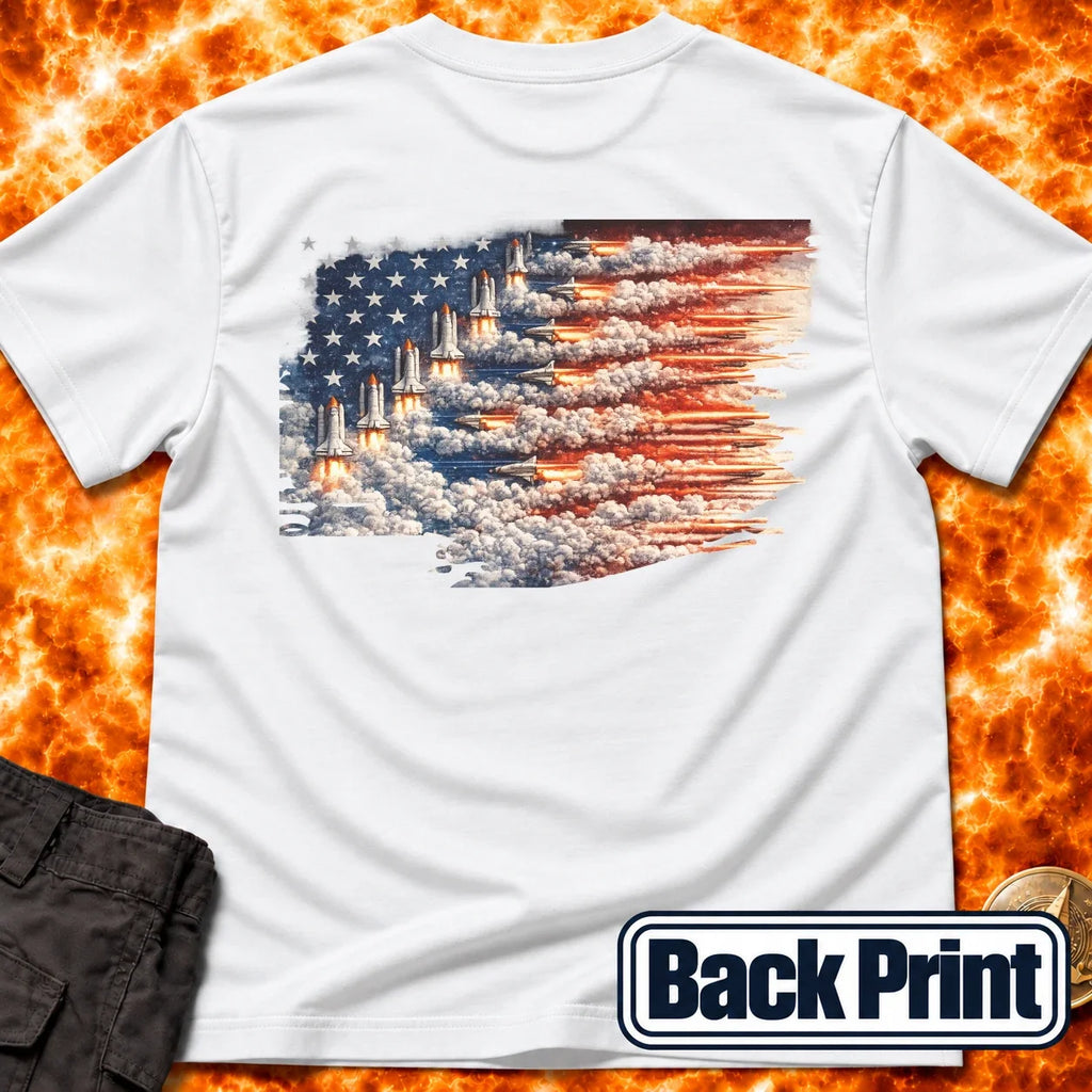 Distressed US Flag Rockets Back Print T-Shirt product image 5