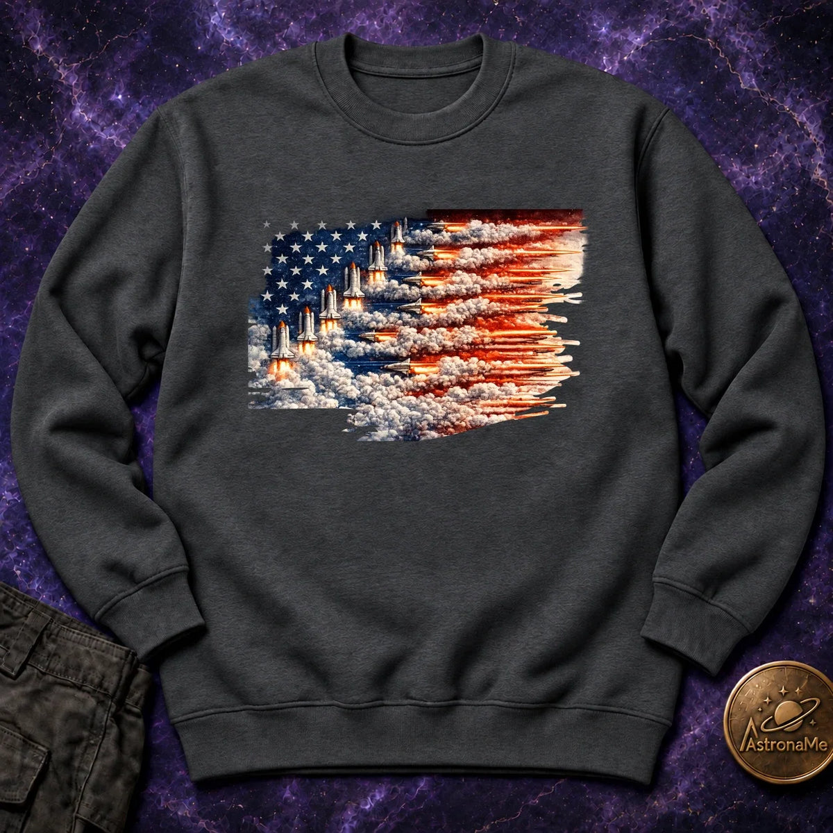 Distressed US Flag Rockets Crewneck Sweatshirt product image 2