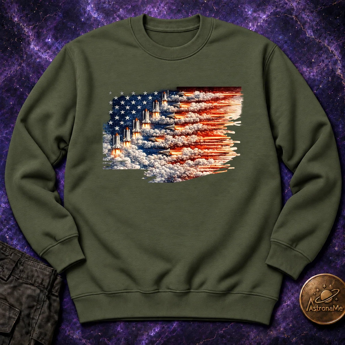 Distressed US Flag Rockets Crewneck Sweatshirt product image 4