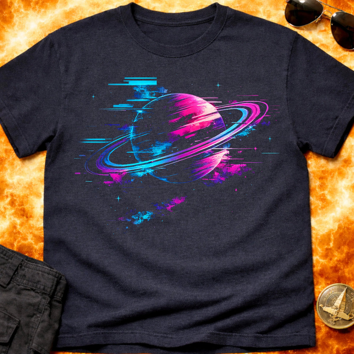 Neon Saturn Glitch T-Shirt product image 4